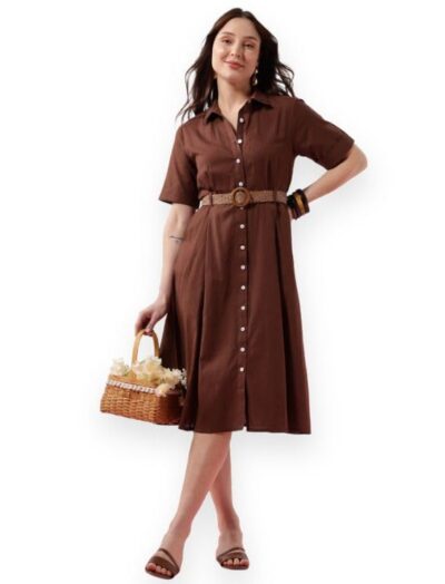 FYLTR Women's Solid Midi Dress - 100% Cotton | Half Sleeve | Western Dress for Women | Office wear Dress (Belt Included)