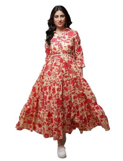 BIBA Cotton Printed Tiered Casual Dress with Belt