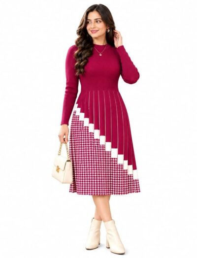 LASOON Women’s Woolen Knitted Dress | Winter Wear Long Sleeve Midi Dress | Free Size (Fits M–XL) | Black & White Pattern
