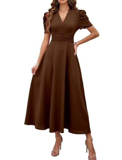 Shasmi Girl's & Women's Solid Color V-Neck A-Line Maxi Dress for Women | New Year Party Outfit | Waist Cinched Puff Sleeve Western | Elegant Casual Wear (Dress 246)