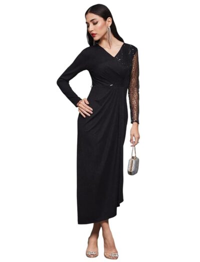 Miss Chase Women's Fit and Flare Full Length Pleated V-Neck Full Sleeve Dress