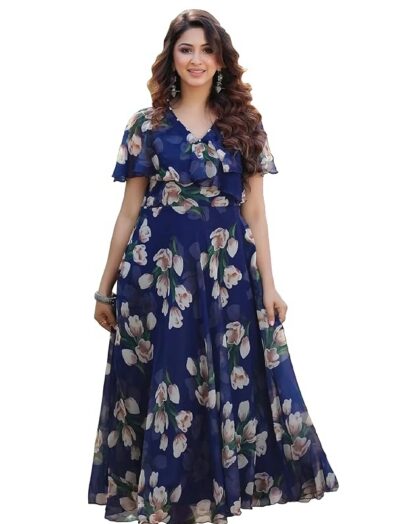 Shasmi Women's Dress | Flare Straight, Maxi Gown | Ankle Length | Short Sleeves | Butterfly Sleeves Style| Casual| Party | Wedding | Festival | Formal (Maxi Gown)